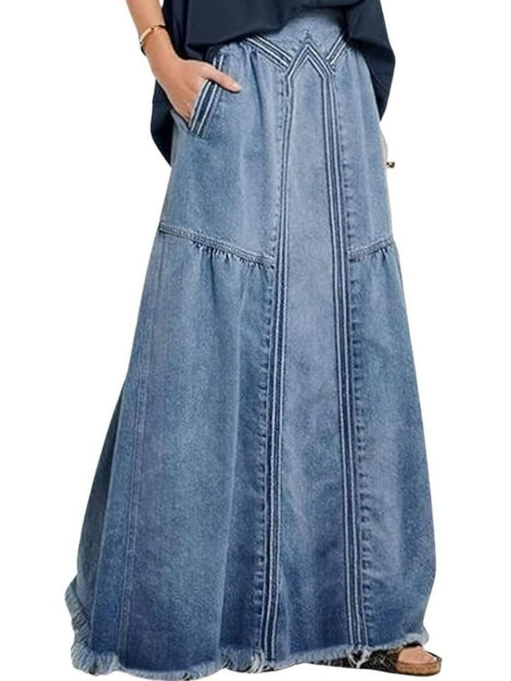 Retro Denim High Waisted A Line Maxi Skirt With Pockets